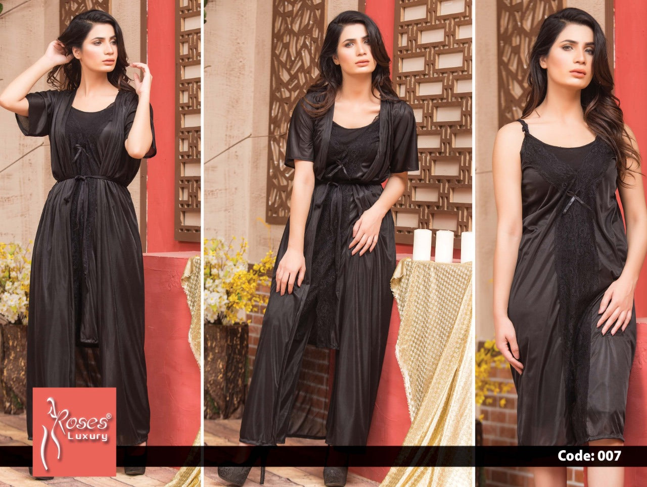 Roses Luxury 3-Piece Satin Nighty Set