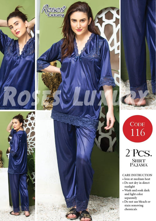 Roses Luxury 2-Piece Satin Lace Shirt Pajama Set