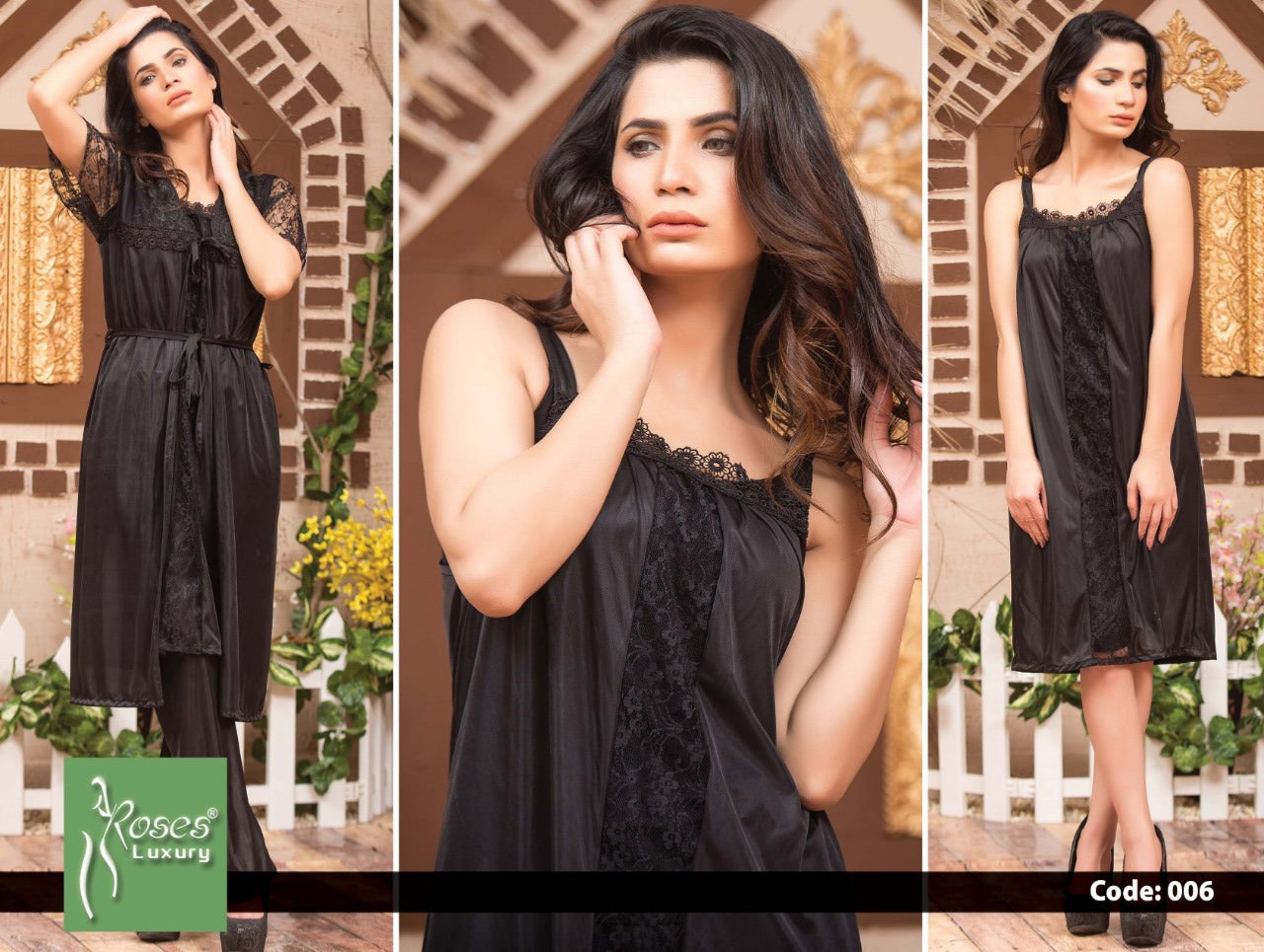 Roses Luxury 3-Piece Satin Nighty Set