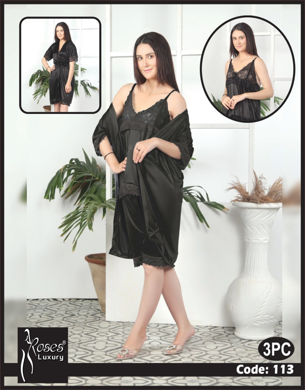 Roses Luxury 3-Piece Nightwear Set