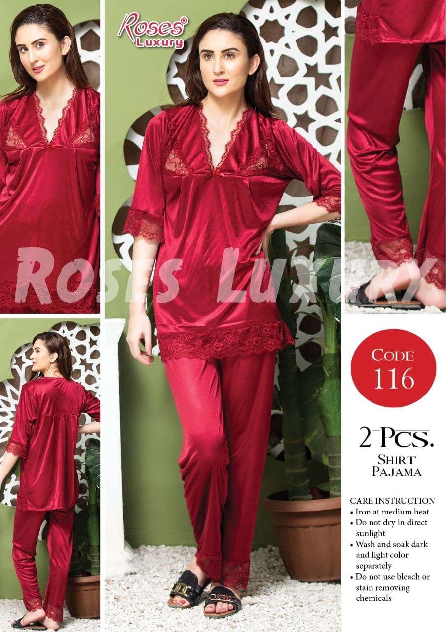 Roses Luxury 2-Piece Satin Lace Shirt Pajama Set