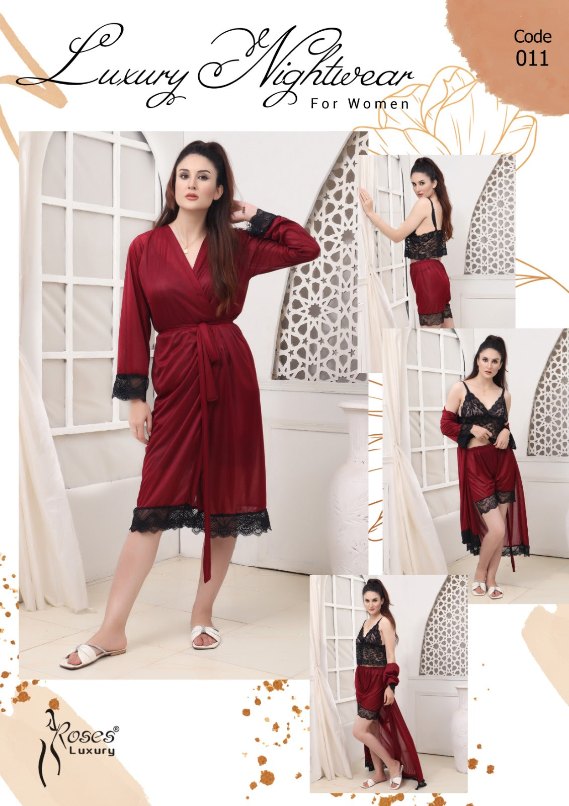 Roses Luxury 3-Piece Gown Nightwear Set