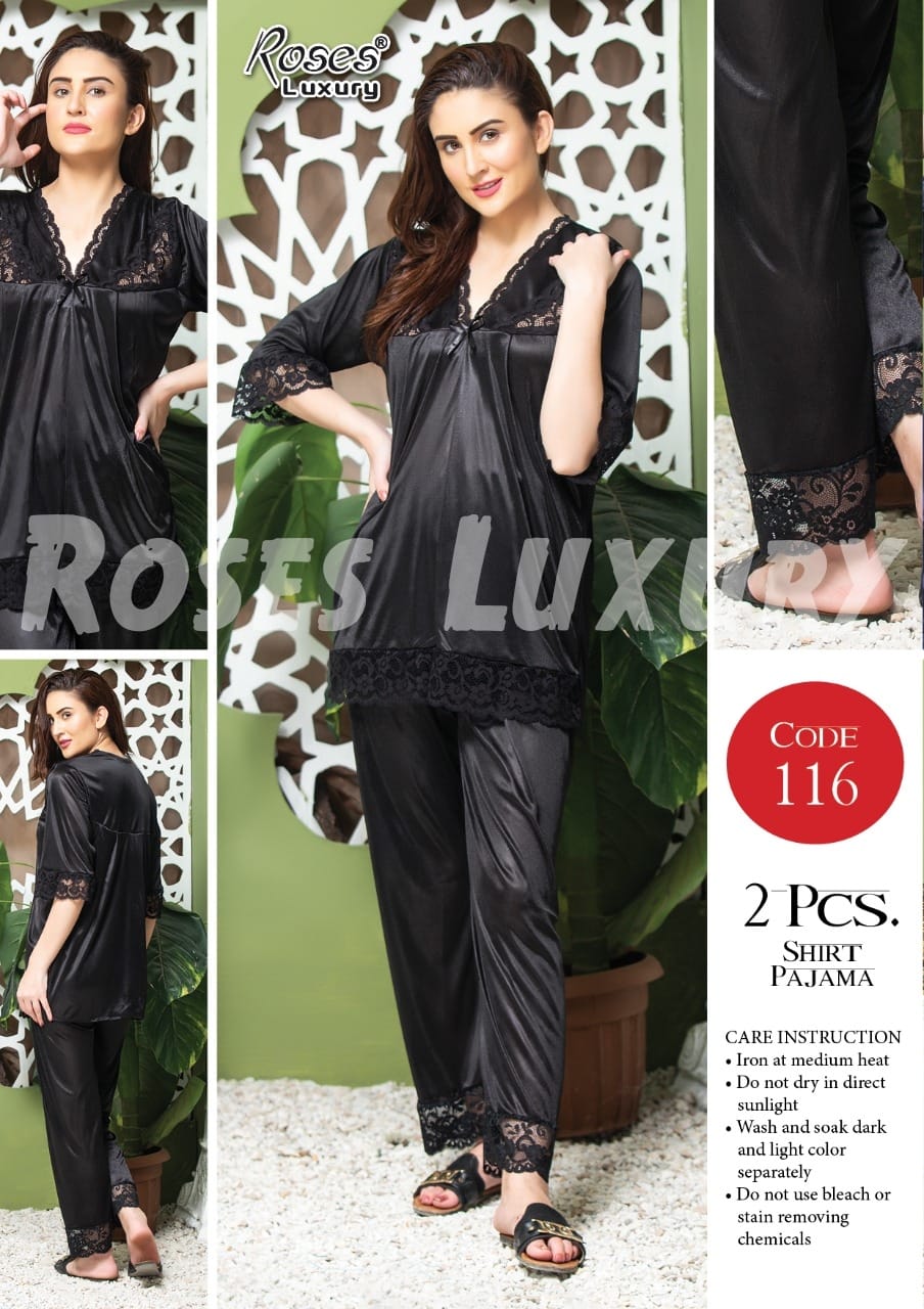 Roses Luxury 2-Piece Satin Lace Shirt Pajama Set