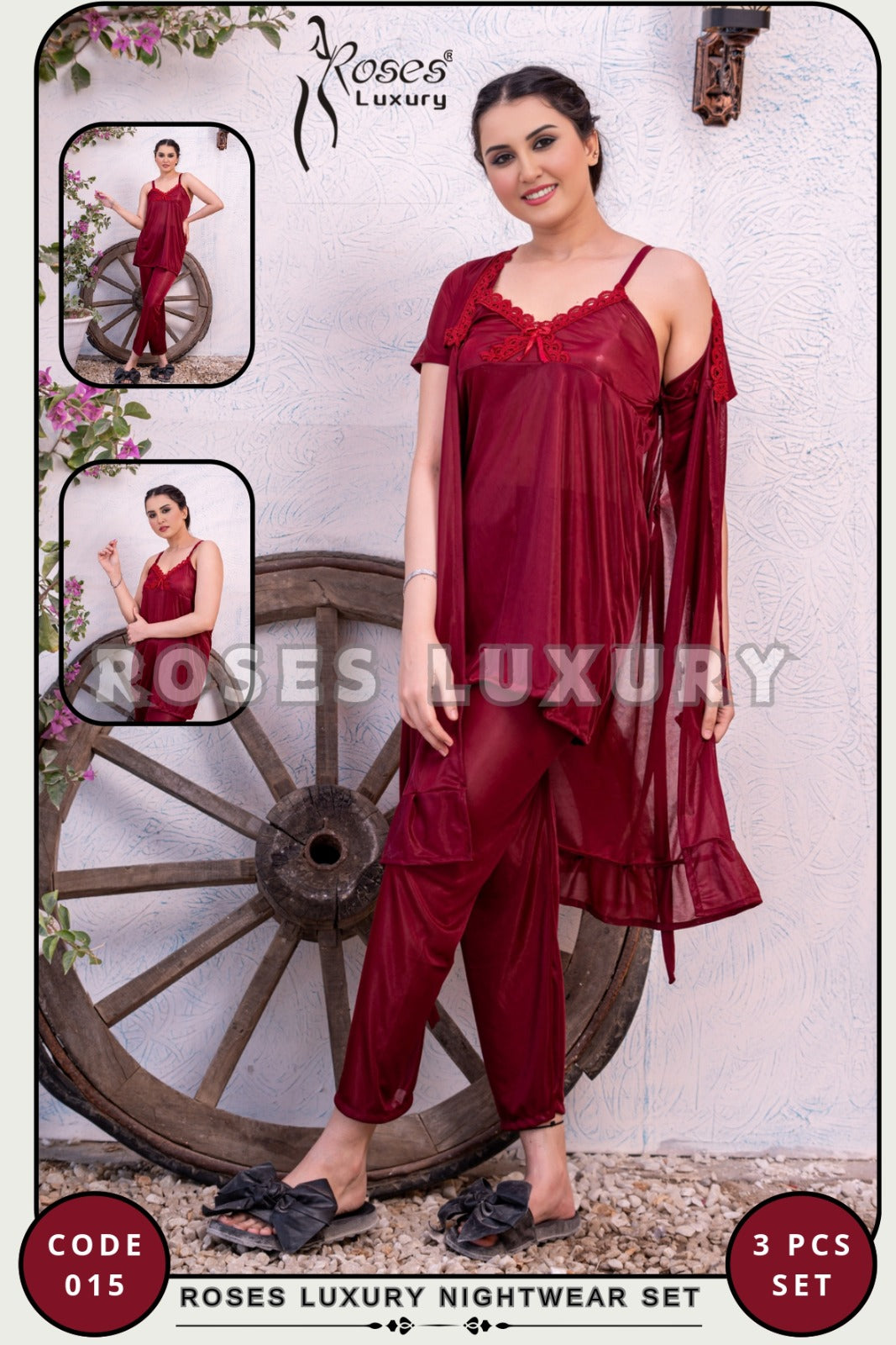 Roses Luxury 3-Piece Nightwear Set