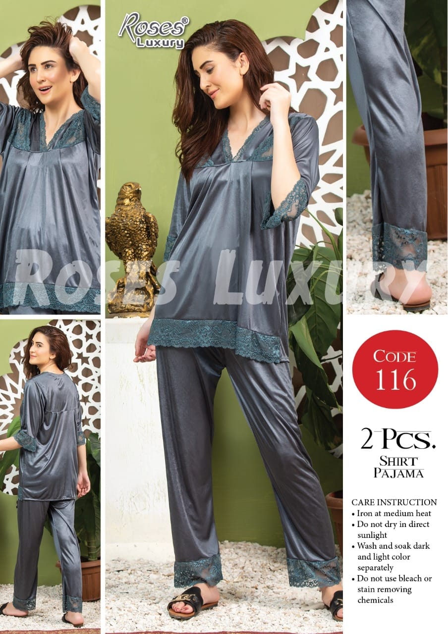 Roses Luxury 2-Piece Satin Lace Shirt Pajama Set