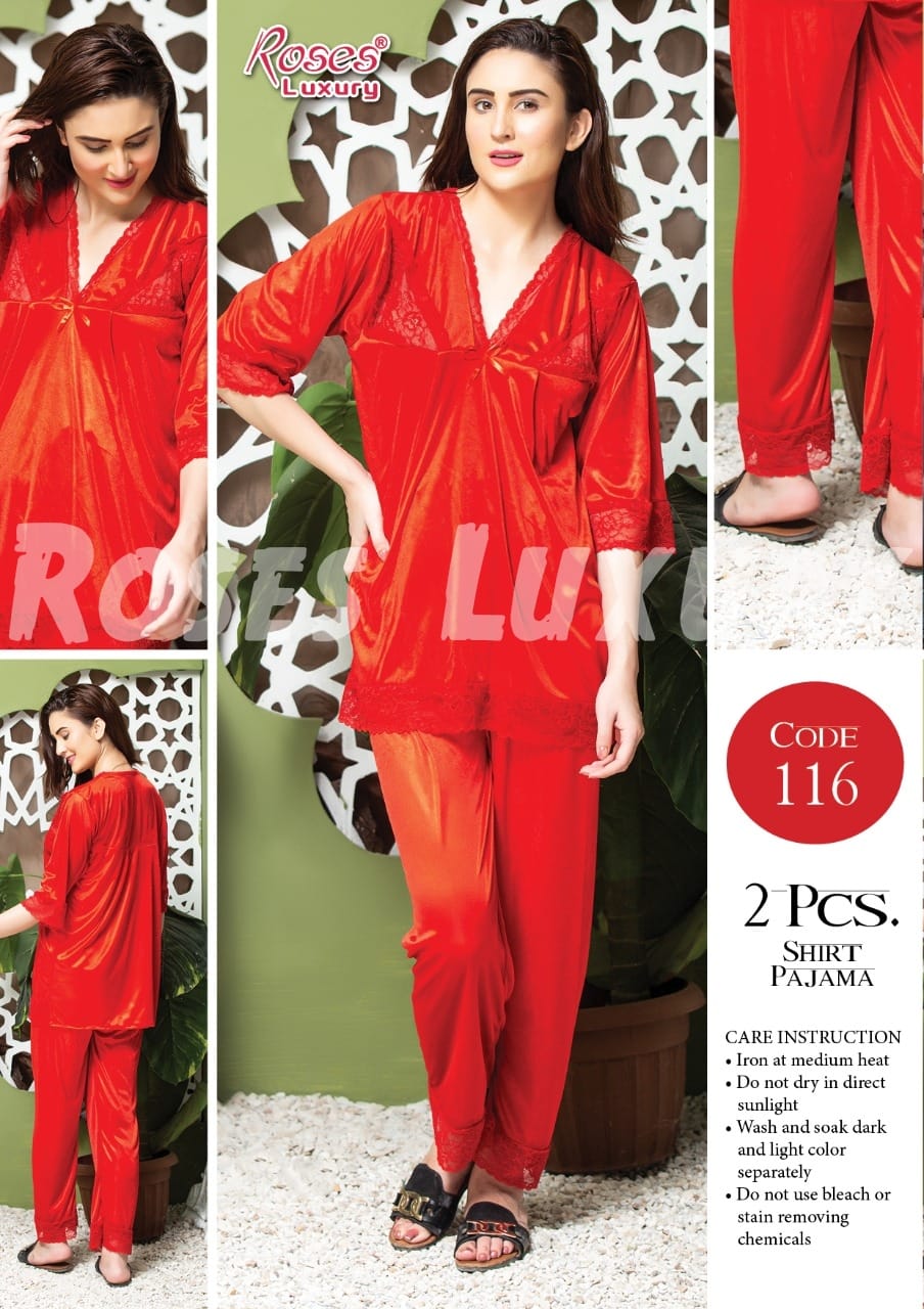 Roses Luxury 2-Piece Satin Lace Shirt Pajama Set