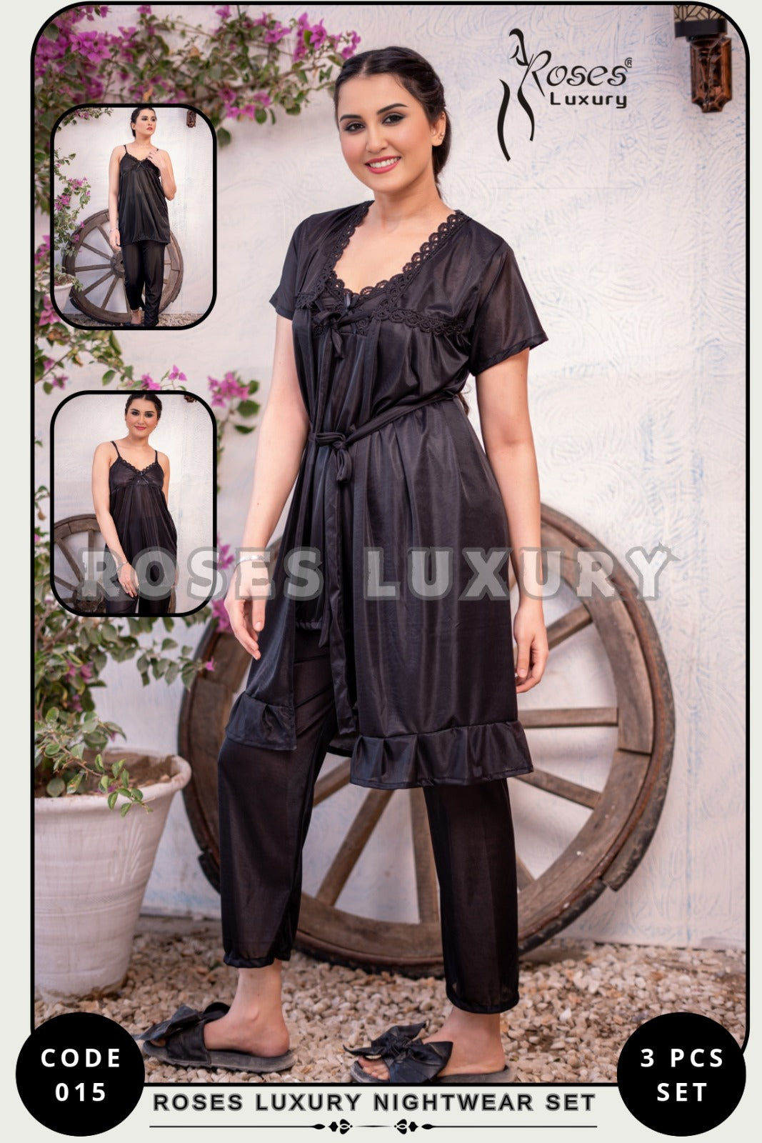 Roses Luxury 3-Piece Nightwear Set